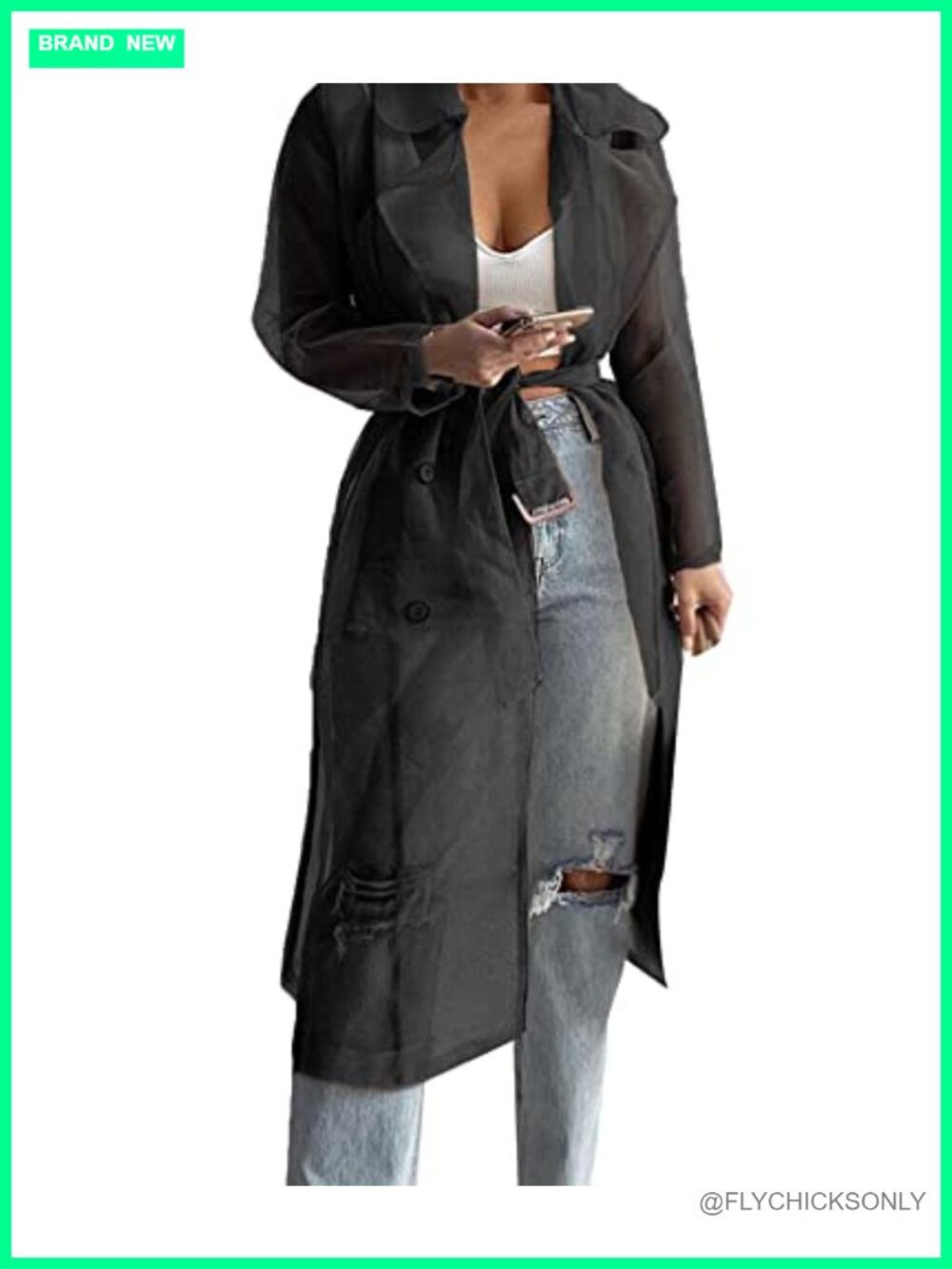 Women's Sheer Mesh Long Sleeve Belted Button Down Cardigan Lightweight